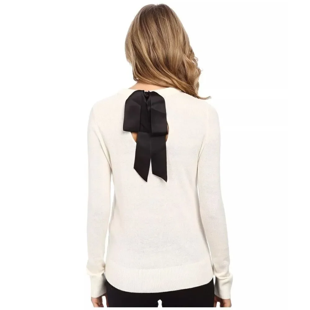 Kate Spade New York Ivory Sequin Front Sweater Keyhole Back Black Satin Bow Sz S